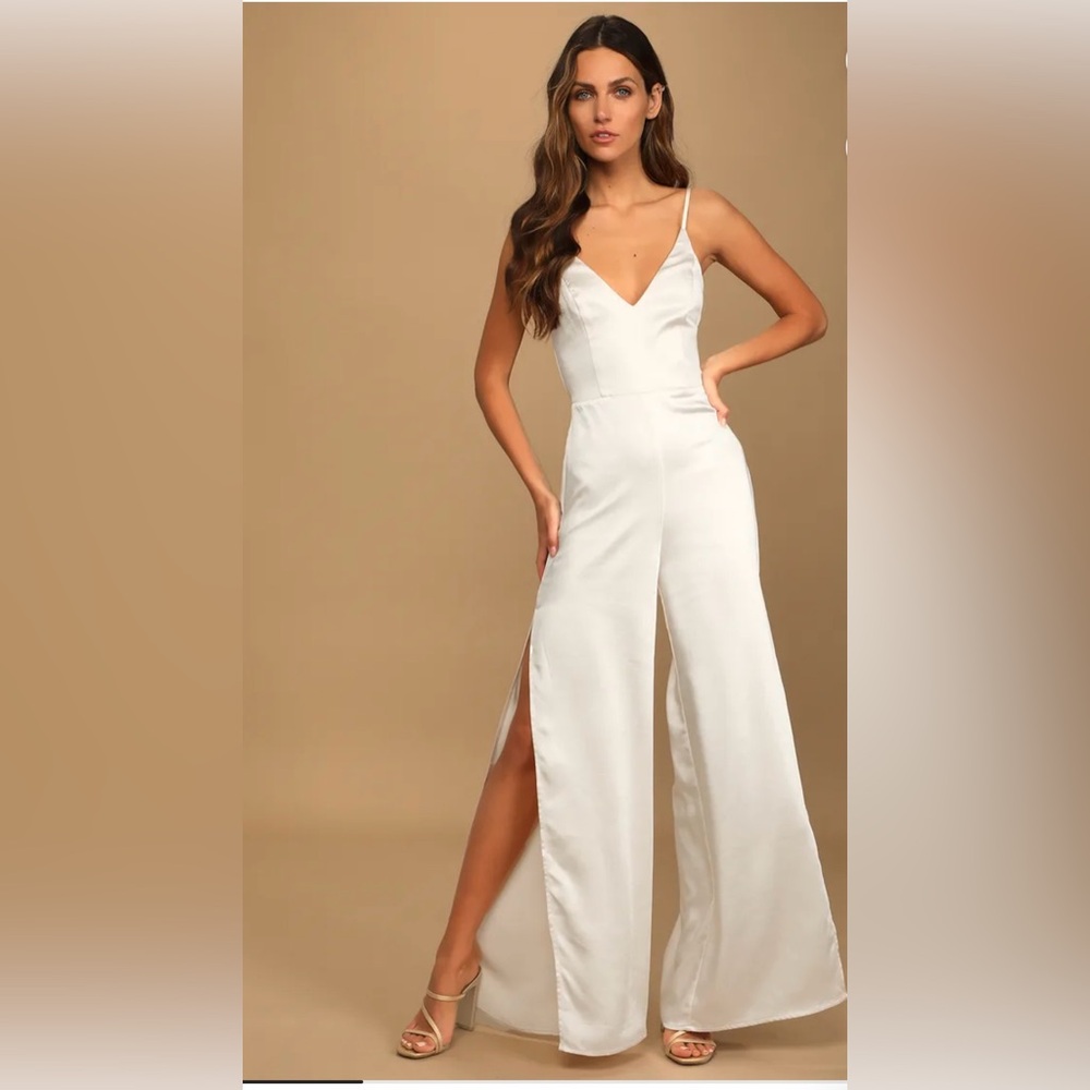 Lulus You're My Favorite Champagne Satin Slit Leg Jumpsuit